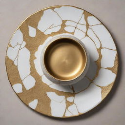 Generate a concept board illustrating the principles of Kintsugi, the Japanese art of restoring broken pottery with gold, combining images of detailed pottery, golden repair lines and abstract elements reflective of the process.