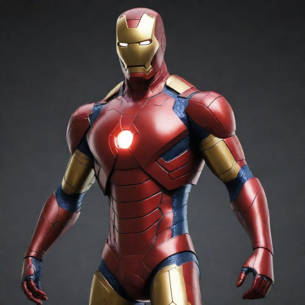 A video game character that fuses the design elements of Ironman and Spiderman.