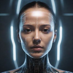 Render a futuristic representation of an AI face, featuring digital luminescent features over a sleek metallic surface, symbolizing the harmony between artificial intelligence and human-like design