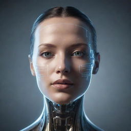 Render a futuristic representation of an AI face, featuring digital luminescent features over a sleek metallic surface, symbolizing the harmony between artificial intelligence and human-like design