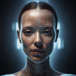 Render a futuristic representation of an AI face, featuring digital luminescent features over a sleek metallic surface, symbolizing the harmony between artificial intelligence and human-like design