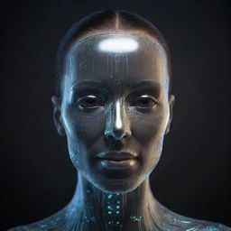 Render a futuristic representation of an AI face, featuring digital luminescent features over a sleek metallic surface, symbolizing the harmony between artificial intelligence and human-like design