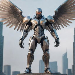 A towering video game character clad in intimidating cyborg gear, extending large, metal wings. His towering form combined with the metallic aesthetic of the outfit and the glinting wings give off an intense, futuristic vibe.