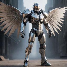 A towering video game character clad in intimidating cyborg gear, extending large, metal wings. His towering form combined with the metallic aesthetic of the outfit and the glinting wings give off an intense, futuristic vibe.