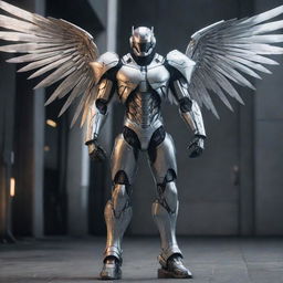 A towering video game character clad in intimidating cyborg gear, extending large, metal wings. His towering form combined with the metallic aesthetic of the outfit and the glinting wings give off an intense, futuristic vibe.