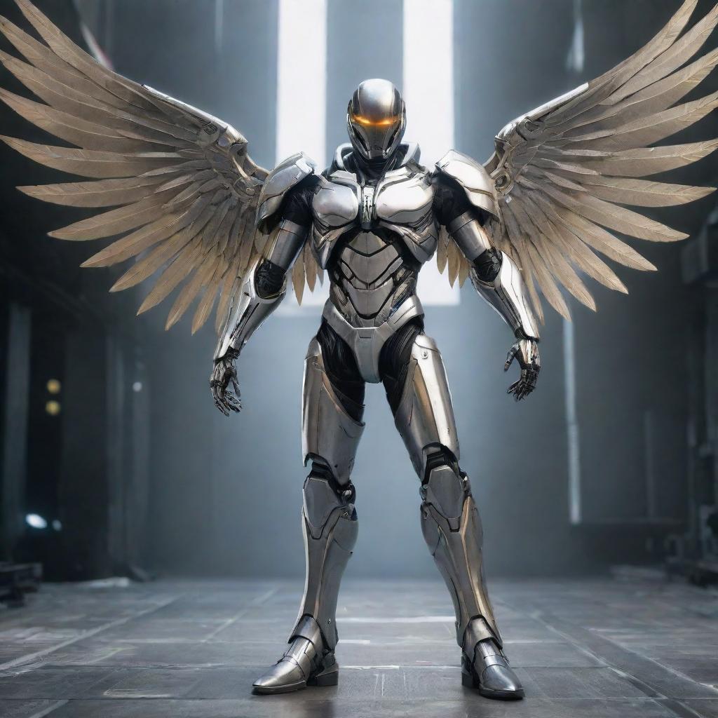 A towering video game character clad in intimidating cyborg gear, extending large, metal wings. His towering form combined with the metallic aesthetic of the outfit and the glinting wings give off an intense, futuristic vibe.