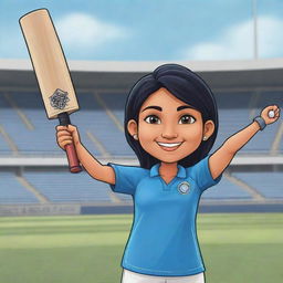 Chibi style cartoon of an Indian female cricketer in a cheering pose, holding a cricket bat up in the air, dressed in a blue Indian cricket jersey, set against the backdrop of a bustling cricket stadium.