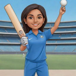 Chibi style cartoon of an Indian female cricketer in a cheering pose, holding a cricket bat up in the air, dressed in a blue Indian cricket jersey, set against the backdrop of a bustling cricket stadium.