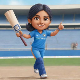 Chibi style cartoon of an Indian female cricketer in a cheering pose, holding a cricket bat up in the air, dressed in a blue Indian cricket jersey, set against the backdrop of a bustling cricket stadium.