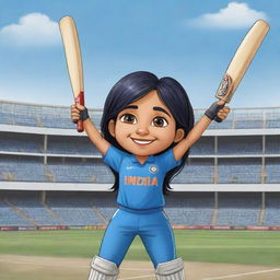 Chibi style cartoon of an Indian female cricketer in a cheering pose, holding a cricket bat up in the air, dressed in a blue Indian cricket jersey, set against the backdrop of a bustling cricket stadium.