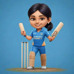 Create a chibi cartoon of a female Indian cricketer jubilantly scoring her 50-mark score, adorned in a blue Indian cricket jersey.