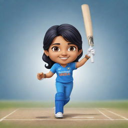 Create a chibi cartoon of a female Indian cricketer jubilantly scoring her 50-mark score, adorned in a blue Indian cricket jersey.