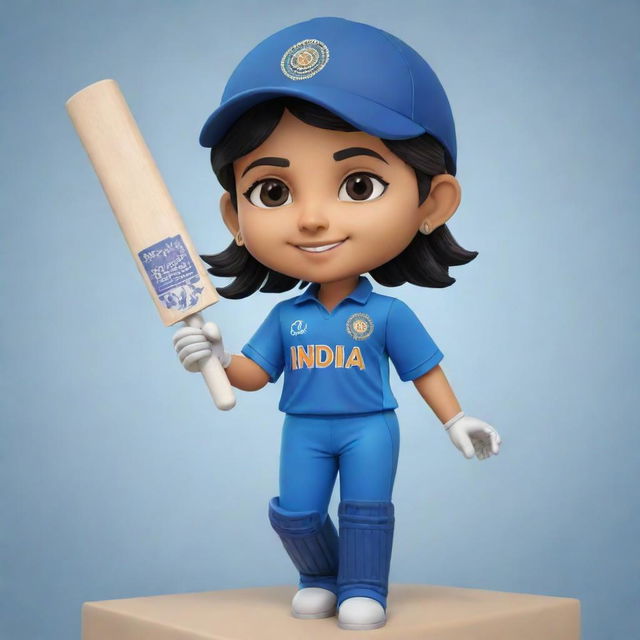 Create a chibi cartoon of a female Indian cricketer jubilantly scoring her 50-mark score, adorned in a blue Indian cricket jersey.