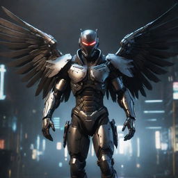 A sinister video game character adorned in perilous, evil-themed cyborg gear, complete with menacing metal wings. The gear's ominous design style and the engagingly threatening wings induce a dark, intriguing cyberpunk atmosphere.