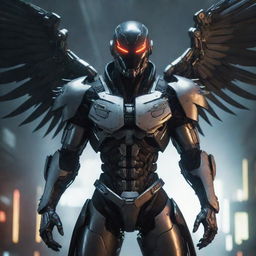 A sinister video game character adorned in perilous, evil-themed cyborg gear, complete with menacing metal wings. The gear's ominous design style and the engagingly threatening wings induce a dark, intriguing cyberpunk atmosphere.