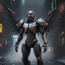 A sinister video game character adorned in perilous, evil-themed cyborg gear, complete with menacing metal wings. The gear's ominous design style and the engagingly threatening wings induce a dark, intriguing cyberpunk atmosphere.