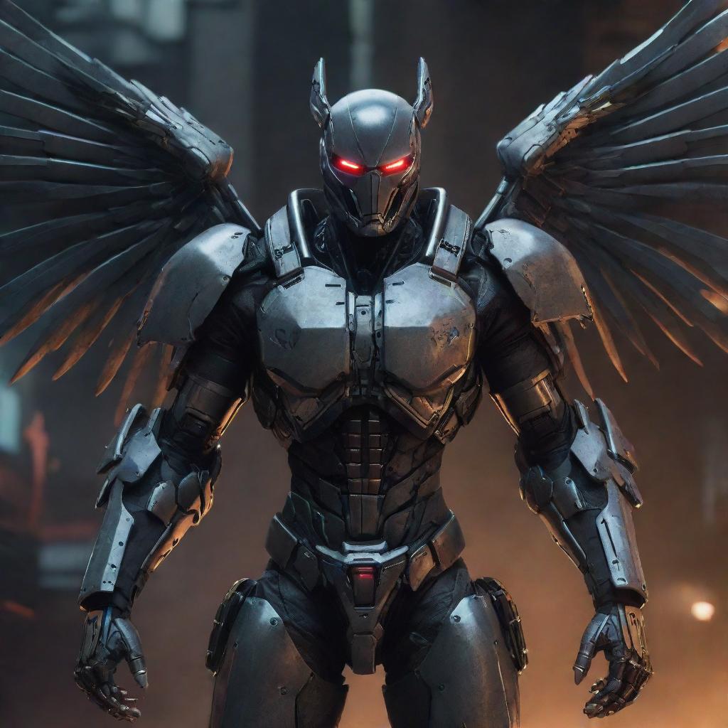 A sinister video game character adorned in perilous, evil-themed cyborg gear, complete with menacing metal wings. The gear's ominous design style and the engagingly threatening wings induce a dark, intriguing cyberpunk atmosphere.