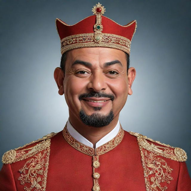 Create a stylized, exaggerated caricature of King Mohammed VI of Morocco showcasing him with a muscular build, promoting a humorous and fun interpretation