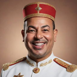 Create a stylized, exaggerated caricature of King Mohammed VI of Morocco showcasing him with a muscular build, promoting a humorous and fun interpretation