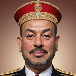 Create a stylized, exaggerated caricature of King Mohammed VI of Morocco showcasing him with a muscular build, promoting a humorous and fun interpretation