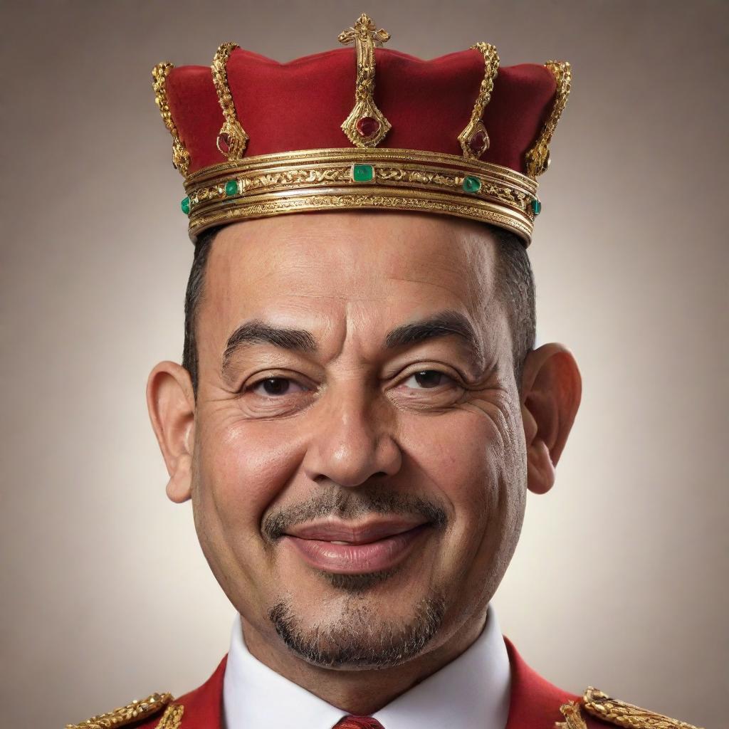 Create a stylized, exaggerated caricature of King Mohammed VI of Morocco showcasing him with a muscular build, promoting a humorous and fun interpretation