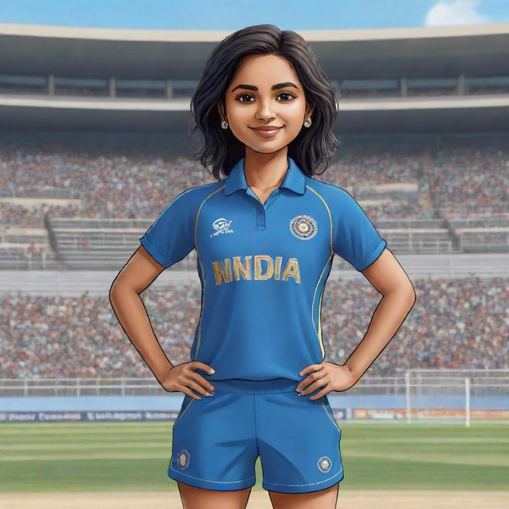 Chibi style cartoon of an Indian female cricketer in a blue Indian cricket jersey, standing proudly in a cricket stadium filled with cheering spectators.