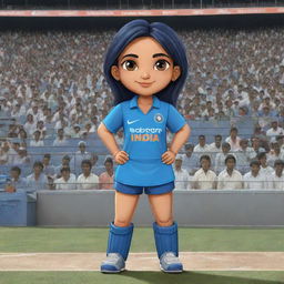 Chibi style cartoon of an Indian female cricketer in a blue Indian cricket jersey, standing proudly in a cricket stadium filled with cheering spectators.