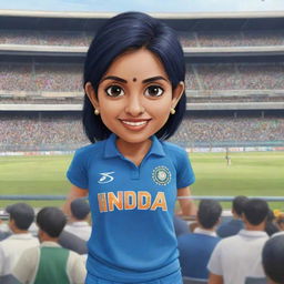 Chibi style cartoon of an Indian female cricketer in a blue Indian cricket jersey, standing proudly in a cricket stadium filled with cheering spectators.