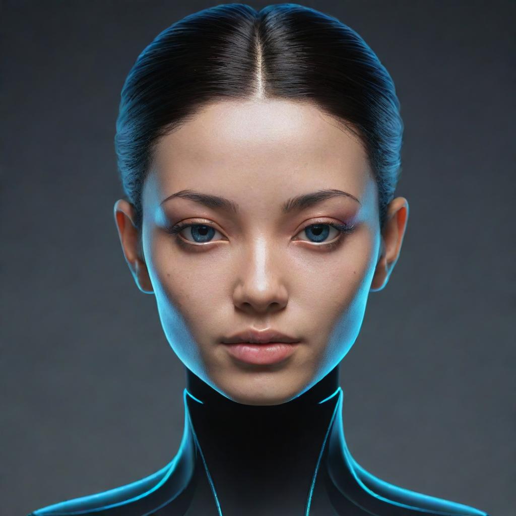 Generate a realistic AI-infused avatar embodying a futuristic aesthetic.