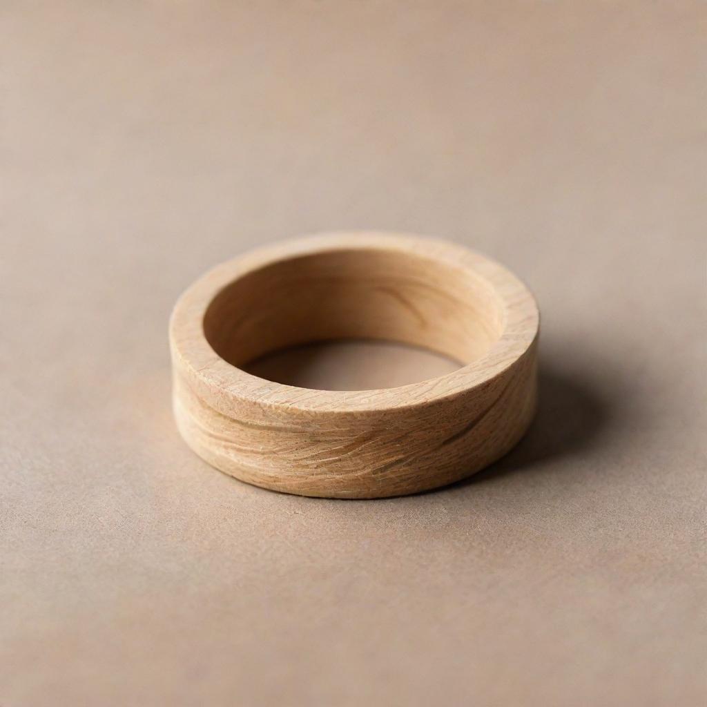 A wooden ring meticulously carved in the shape of a delicate wave presented in minimalistic style.