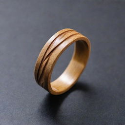 A wooden ring meticulously carved in the shape of a delicate wave presented in minimalistic style.