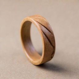 A wooden ring meticulously carved in the shape of a delicate wave presented in minimalistic style.