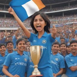 Chibi style cartoon of a triumphant Indian female cricketer in a blue Indian cricket jersey, holding the winners cup high in a packed cricket stadium filled with ecstatic fans.