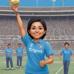 Chibi style cartoon of a triumphant Indian female cricketer in a blue Indian cricket jersey, holding the winners cup high in a packed cricket stadium filled with ecstatic fans.