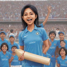 Chibi style cartoon of a triumphant Indian female cricketer in a blue Indian cricket jersey, holding the winners cup high in a packed cricket stadium filled with ecstatic fans.