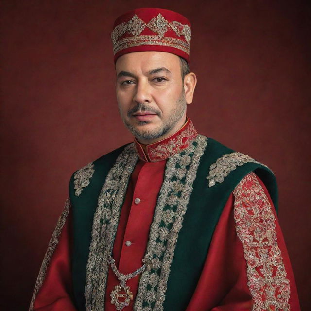 Design a classic, dignified portrait of King Mohammed VI of Morocco, depicted in regal attire, his countenance reflecting the pride and honor of his sovereign position