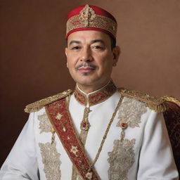 Design a classic, dignified portrait of King Mohammed VI of Morocco, depicted in regal attire, his countenance reflecting the pride and honor of his sovereign position