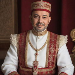 Design a classic, dignified portrait of King Mohammed VI of Morocco, depicted in regal attire, his countenance reflecting the pride and honor of his sovereign position