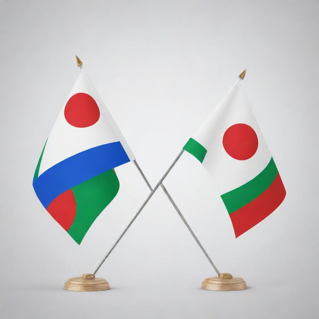 A graphic illustration depicting diplomatic cooperation between Uzbekistan and Japan, symbolically using the national flags of both countries intertwined in unity against a peaceful backdrop.