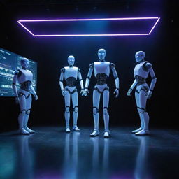 A high-tech theater scene with advanced artificial intelligence themes: robots performing on stage, holographic displays, futuristic computer interfaces and neon lights illuminating the audience.