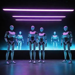 A high-tech theater scene with advanced artificial intelligence themes: robots performing on stage, holographic displays, futuristic computer interfaces and neon lights illuminating the audience.