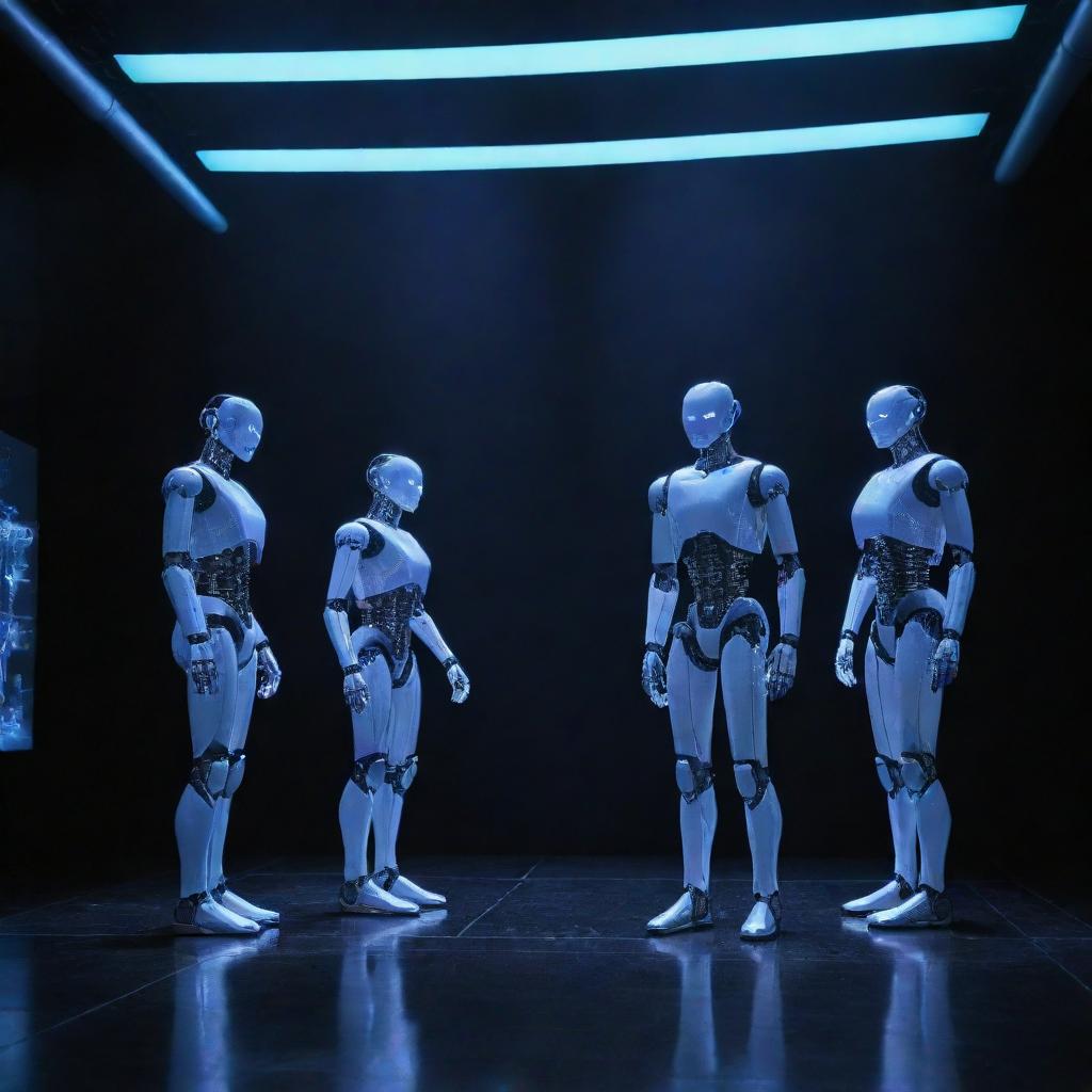 A high-tech theater scene with advanced artificial intelligence themes: robots performing on stage, holographic displays, futuristic computer interfaces and neon lights illuminating the audience.