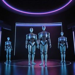 A high-tech theater scene with advanced artificial intelligence themes: robots performing on stage, holographic displays, futuristic computer interfaces and neon lights illuminating the audience.