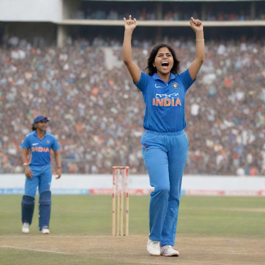 Chibi style cartoon of an Indian female cricketer, in a blue Indian cricket jersey, standing on the field, surrounded by a jubilant audience filling a cricket stadium to its brim.