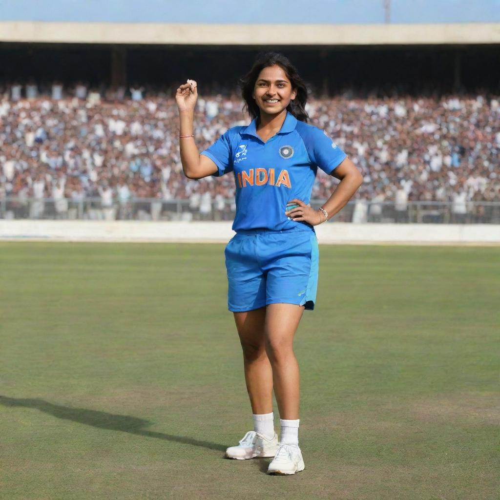 Chibi style cartoon of an Indian female cricketer, in a blue Indian cricket jersey, standing on the field, surrounded by a jubilant audience filling a cricket stadium to its brim.