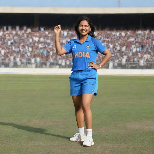 Chibi style cartoon of an Indian female cricketer, in a blue Indian cricket jersey, standing on the field, surrounded by a jubilant audience filling a cricket stadium to its brim.