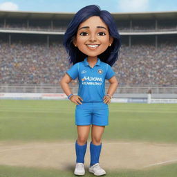 Chibi style cartoon of an Indian female cricketer, in a blue Indian cricket jersey, standing on the field, surrounded by a jubilant audience filling a cricket stadium to its brim.