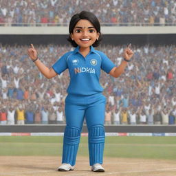 Chibi style cartoon of an Indian female cricketer, in a blue Indian cricket jersey, standing on the field, surrounded by a jubilant audience filling a cricket stadium to its brim.