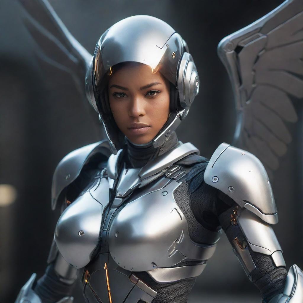 A female video game character, fierce and formidable, armored in formidable cyborg gear, metal wings unfurling from her back. Her posture and the dangerous aura of the gear create a powerful, futuristic heroine.