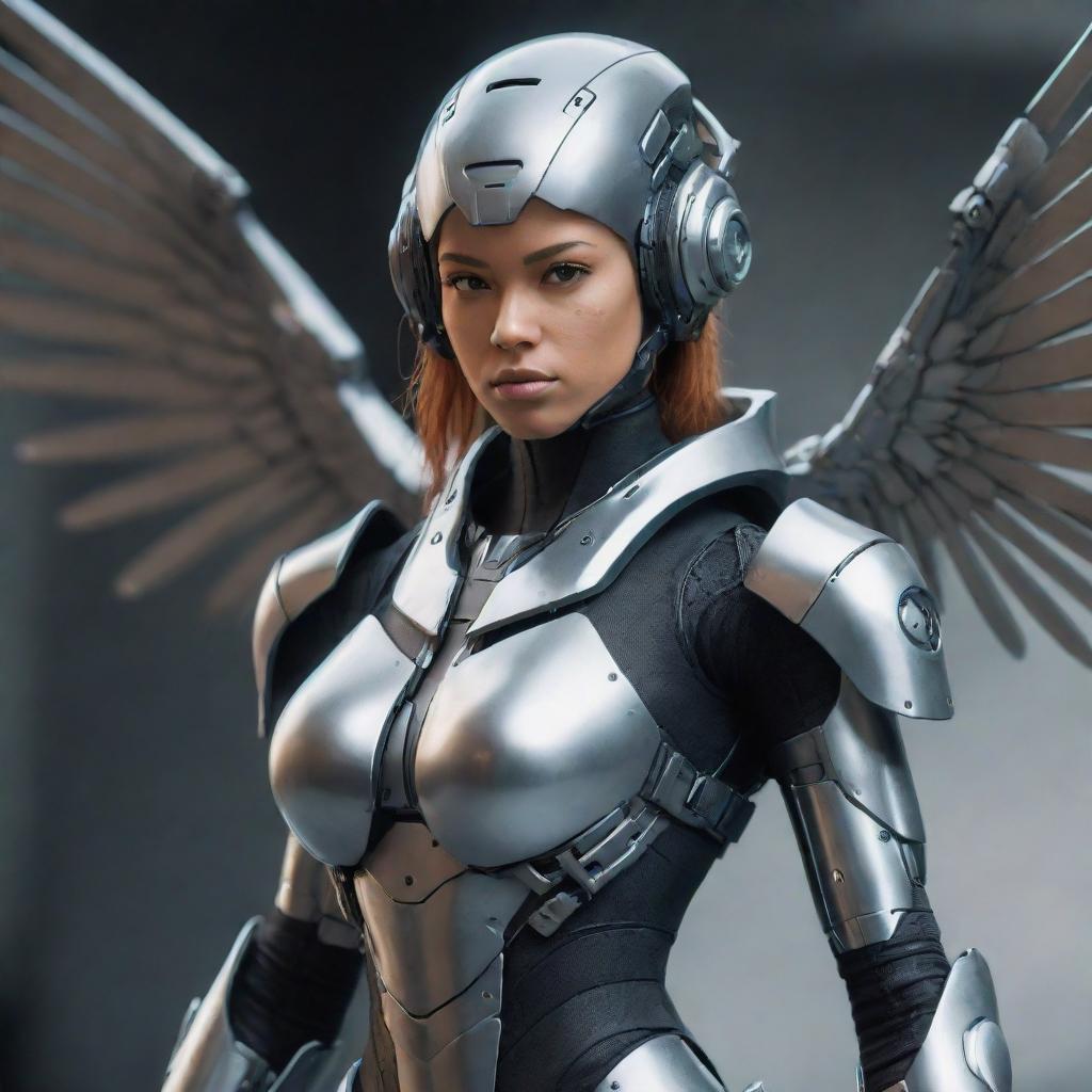 A female video game character, fierce and formidable, armored in formidable cyborg gear, metal wings unfurling from her back. Her posture and the dangerous aura of the gear create a powerful, futuristic heroine.